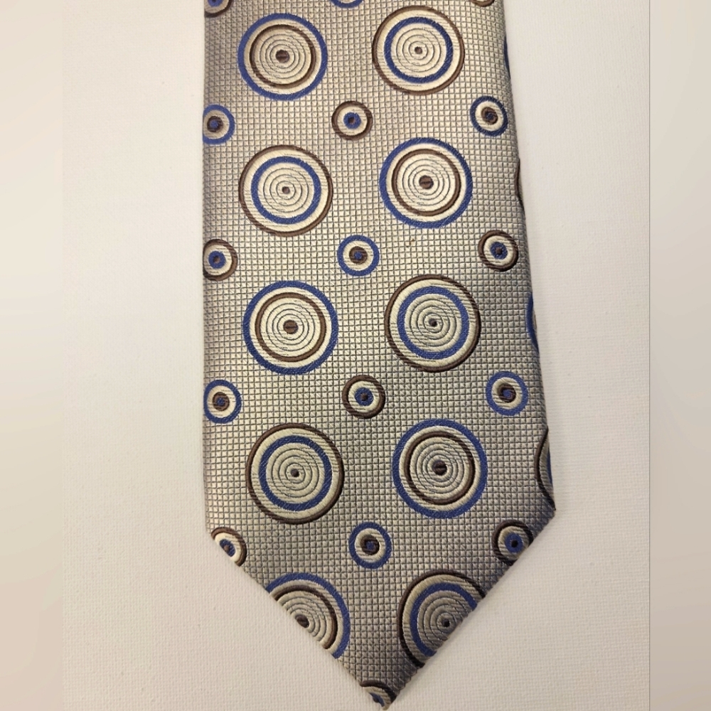 Alan Flusser Men's Silk Tie Silver Blue and Brown Circles